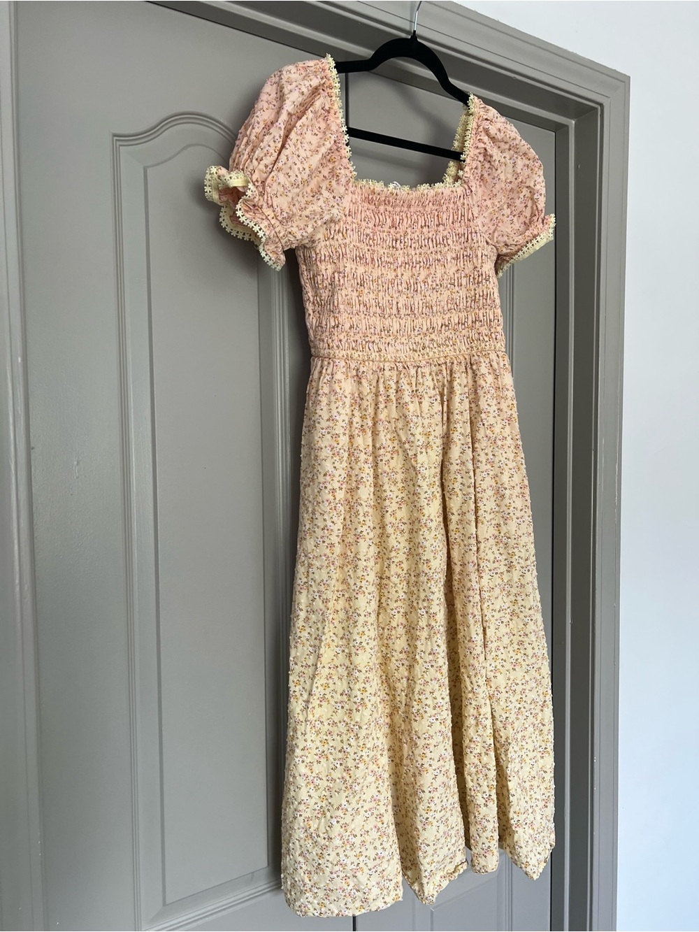 Cottagecore Floral Smocked Midi Dress Pink Yellow 100% Cotton L - Picture 5 of 7